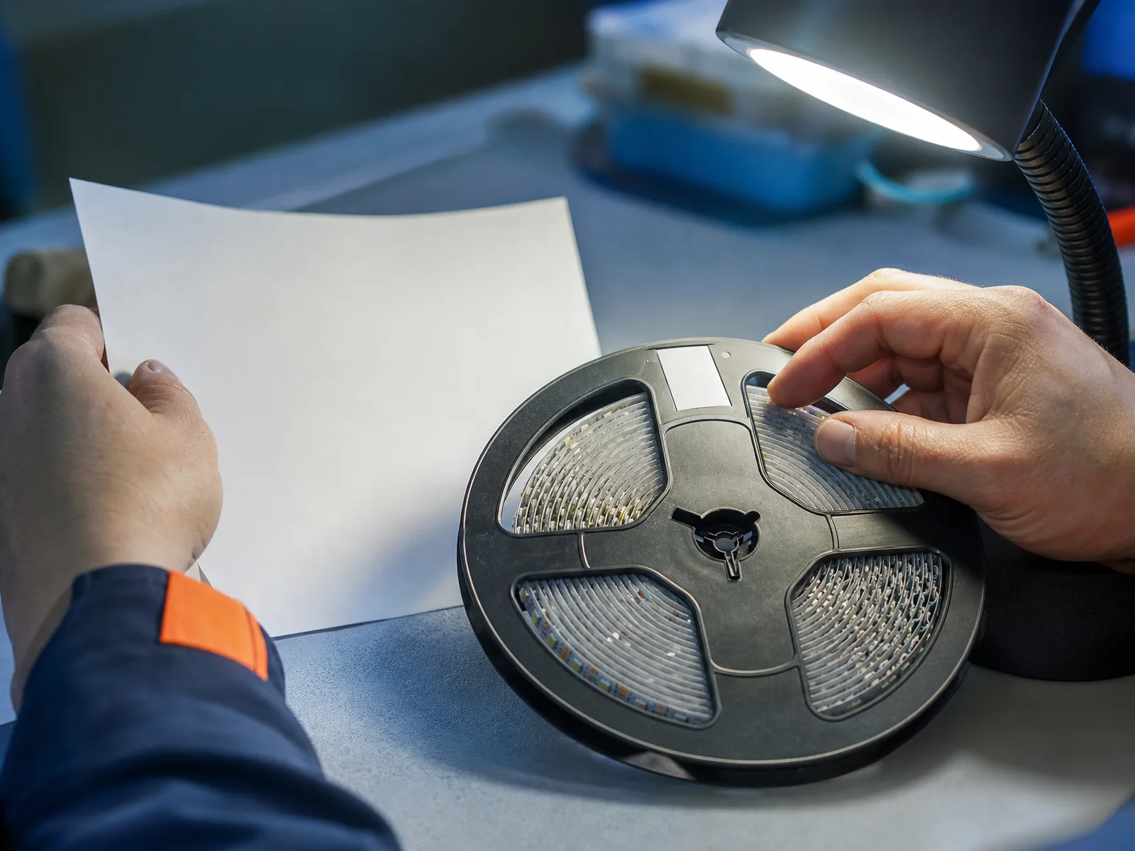 Photorealistic close-up of hands under a task lamp comparing a document with the reel label of an LED strip