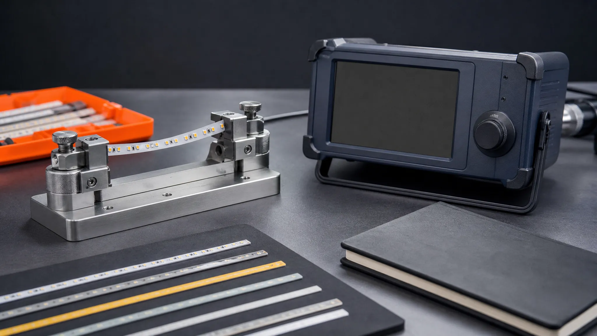 A QC bench with a strip sample clipped to a measuring fixture, a spectroradiometer display beside it, and a notebook and reference samples laid out on the gray worktop