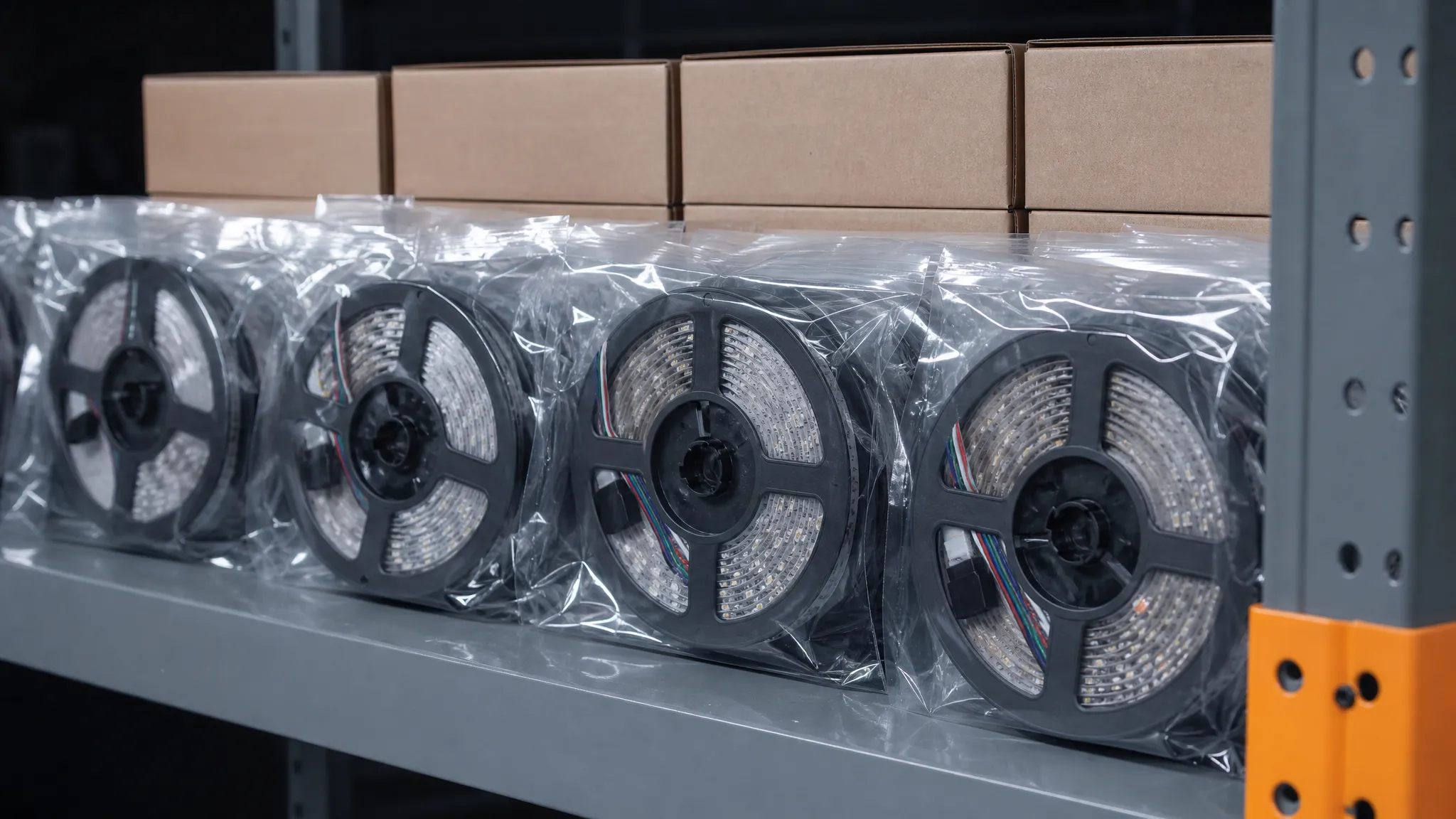 Several reels of flexible addressable LED strip stacked in a factory store, each reel in an anti-static bag, with a stack of unlabeled boxes behind them