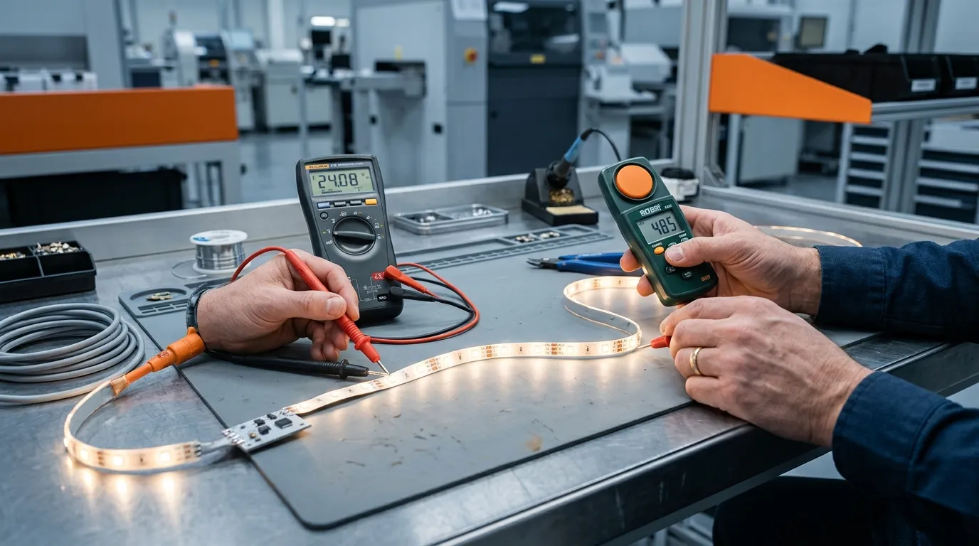 Photorealistic close-up of a quality inspector testing a flexible LED strip with a multimeter on a clean workbench, sample verification during supplier vetting