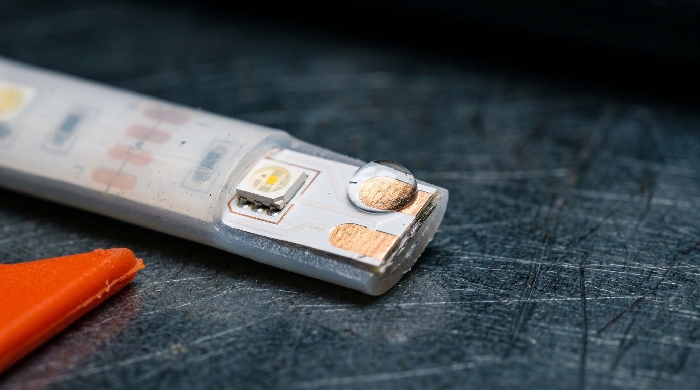 Freshly cut end of a flexible LED strip with exposed solder pads and a water droplet resting on the bare copper