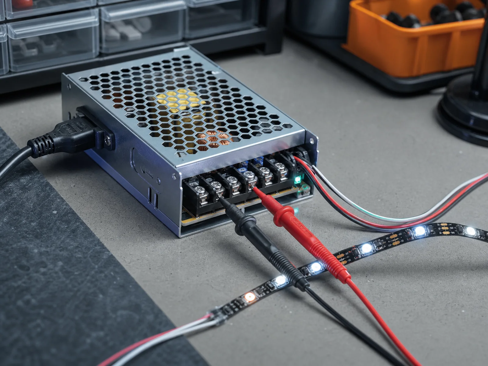 Photorealistic workbench close-up of an enclosed AC-DC power supply feeding a low-voltage pixel LED strip with multimeter probes on the terminals