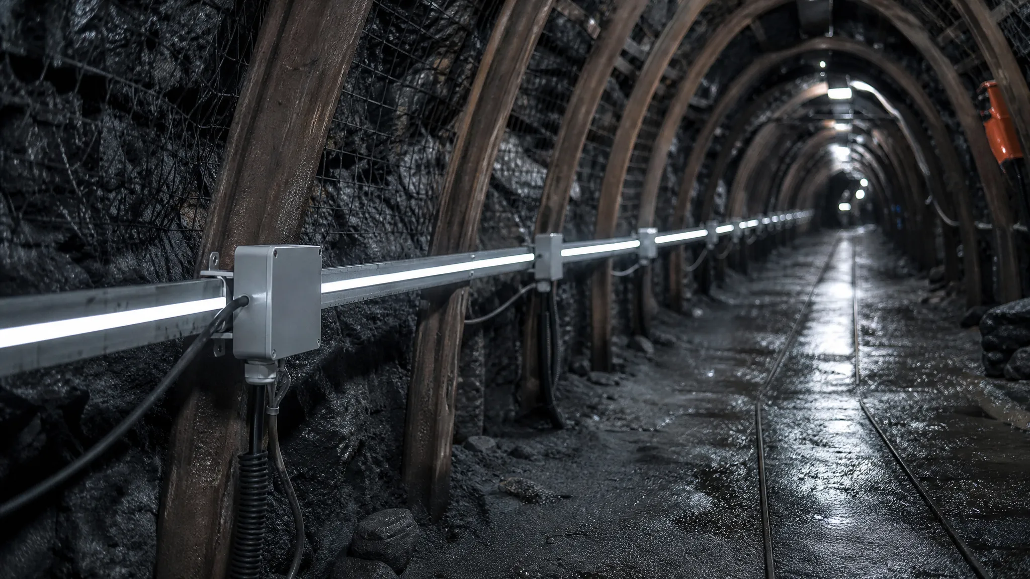 Rendered illustration (not project photography): long AC36V mine strip runs fed in segments from spaced power injection points along a tunnel
