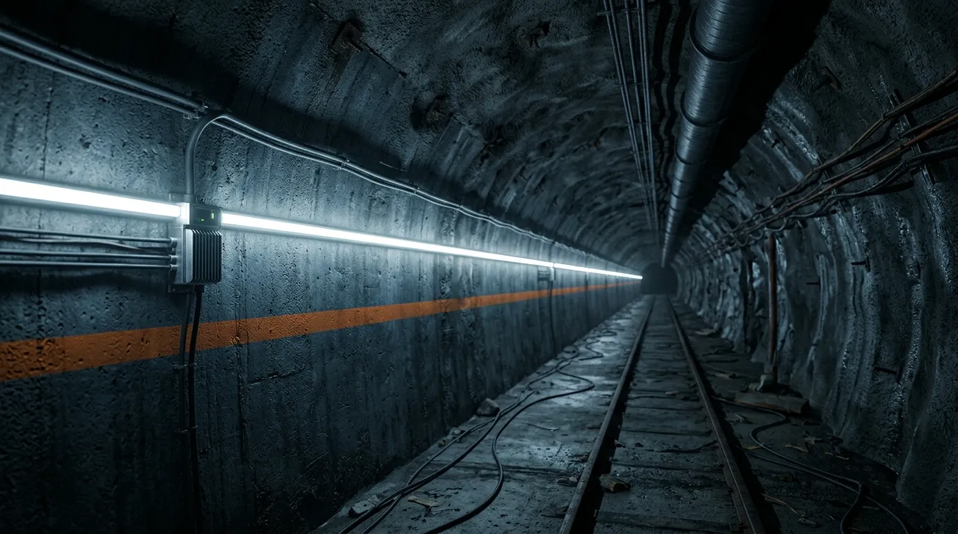 Long AC36V LED strip run with segment power modules inside an underground tunnel