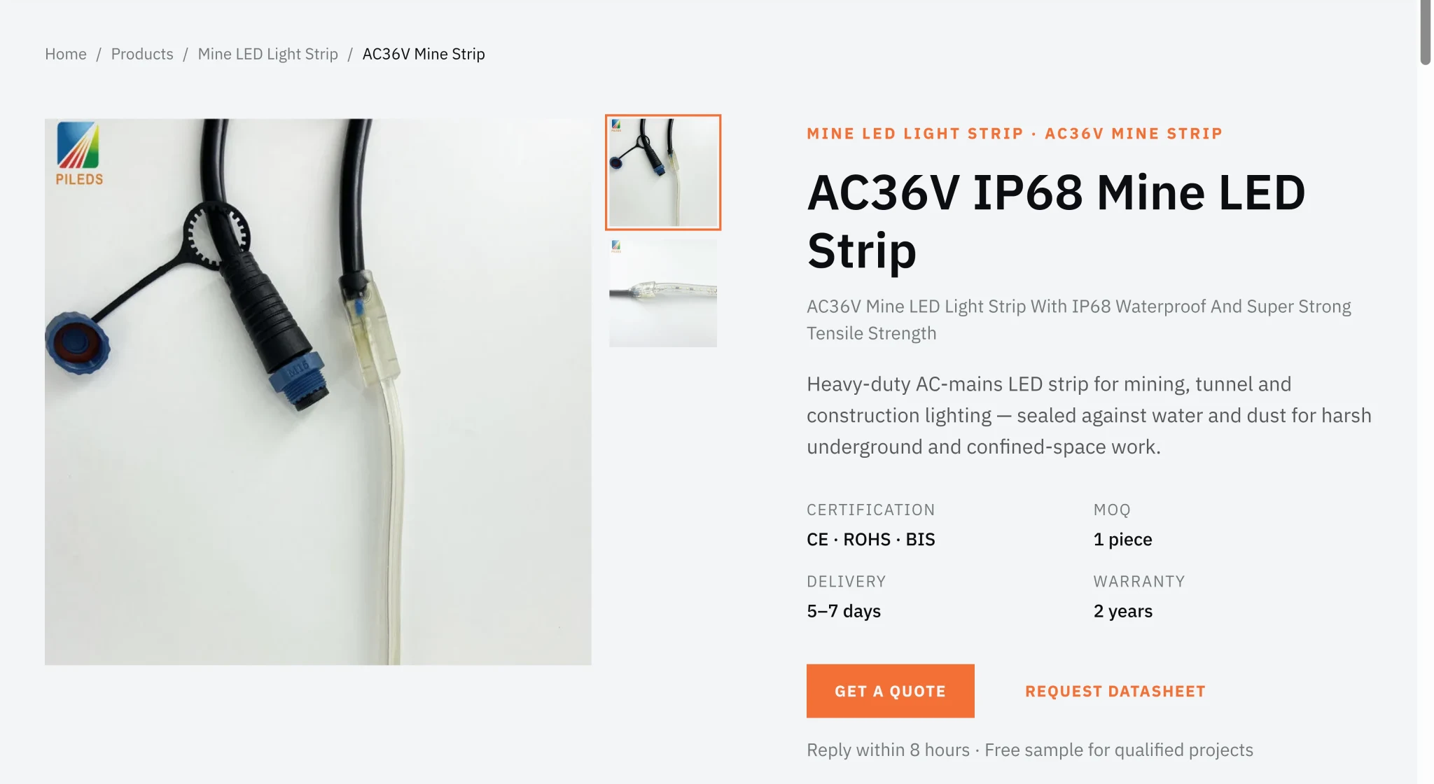 The AC36V IP68 mine strip product page, showing the sealed connector with its stated certification, MOQ, delivery and warranty terms