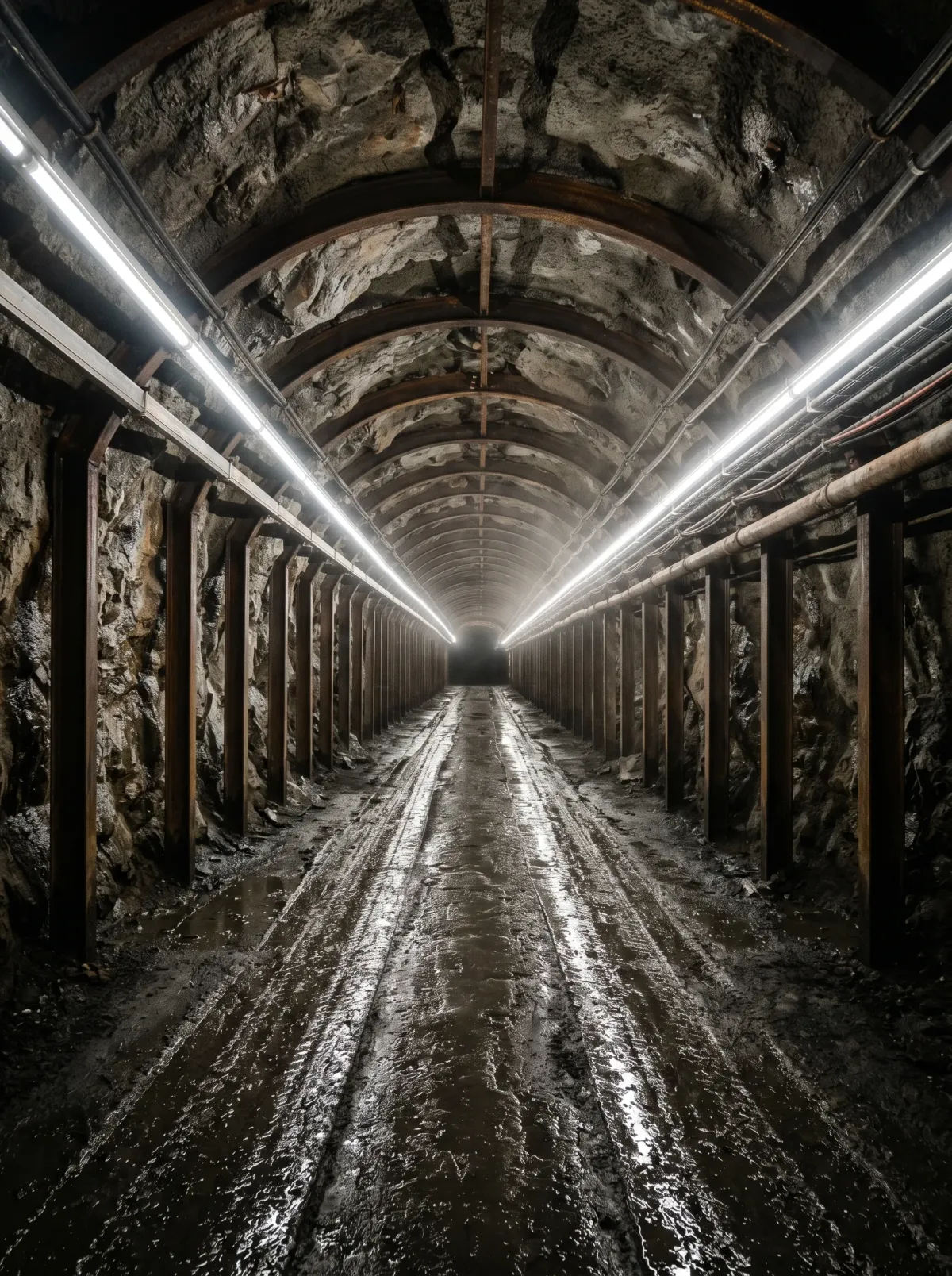 A fixed mains-fed LED strip run lighting a curved tunnel with steel arch supports and a wet floor
