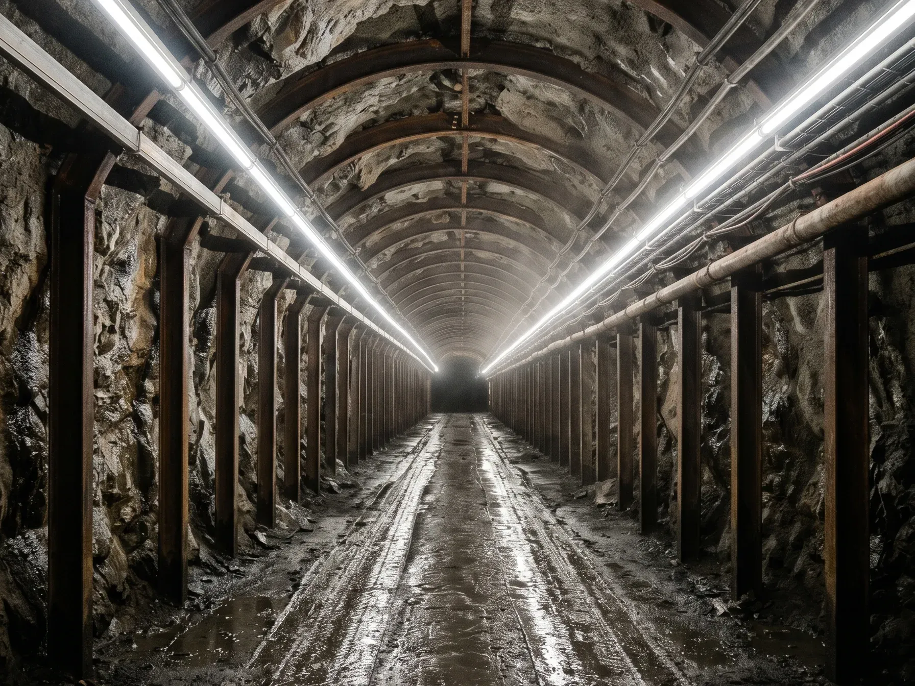 Linear LED luminaires run along both walls of a wet underground mine drift, the environment the certifications are written for