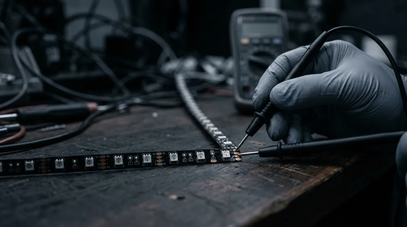 Illustration (AI-generated): gloved hand pressing a meter probe onto the copper pad at the far end of a pixel LED strip, the meter display out of focus and unreadable
