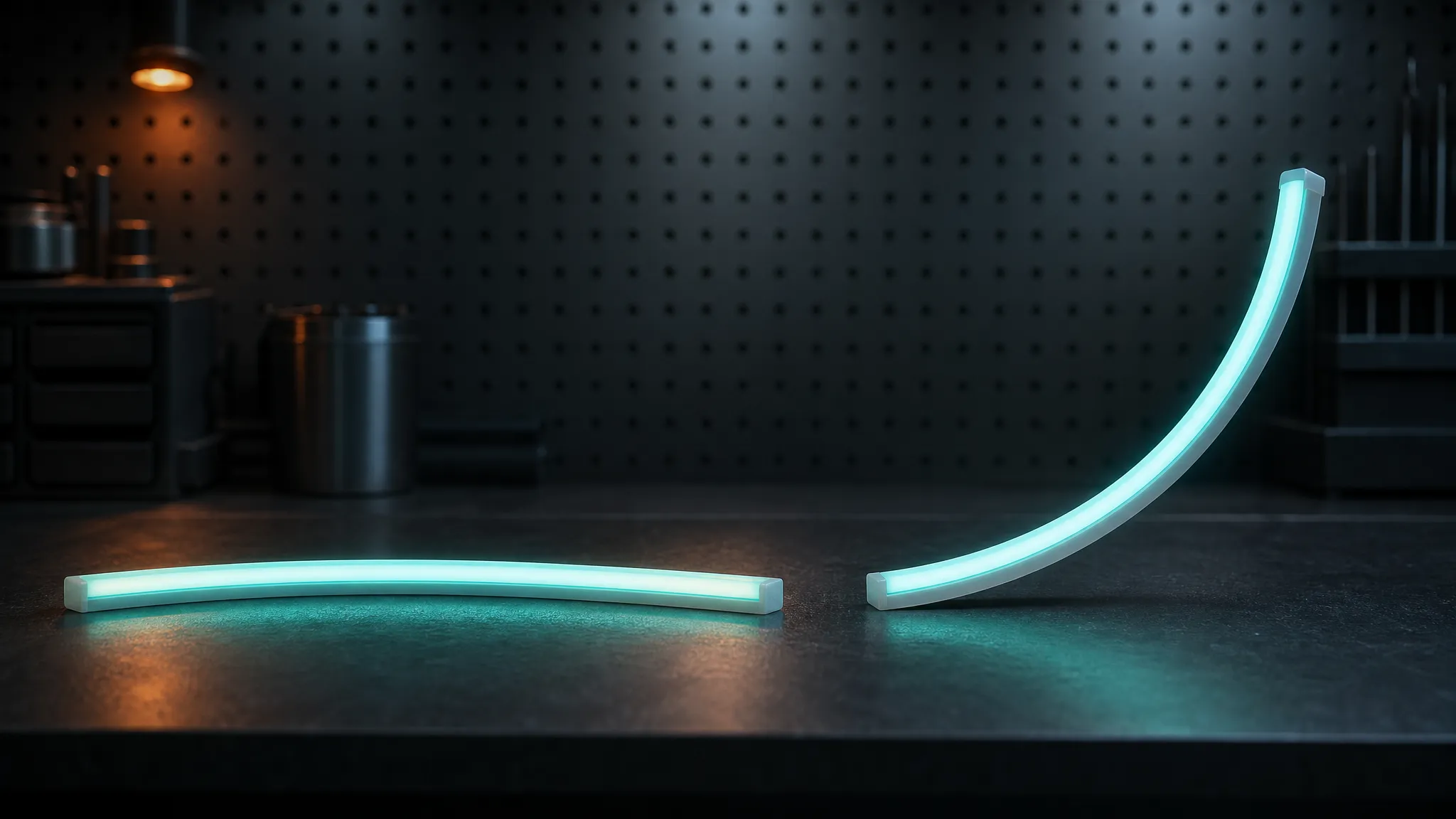 Two samples of the same neon flex extrusion on a dark bench: one curving flat in the horizontal plane, one rising in a vertical arc