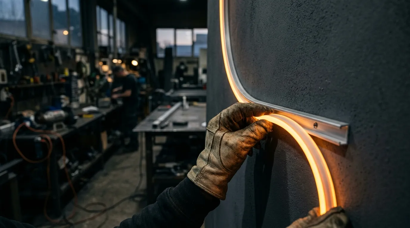 Sign maker pressing flexible silicone neon flex into an aluminum mounting channel routed along a curved wall edge