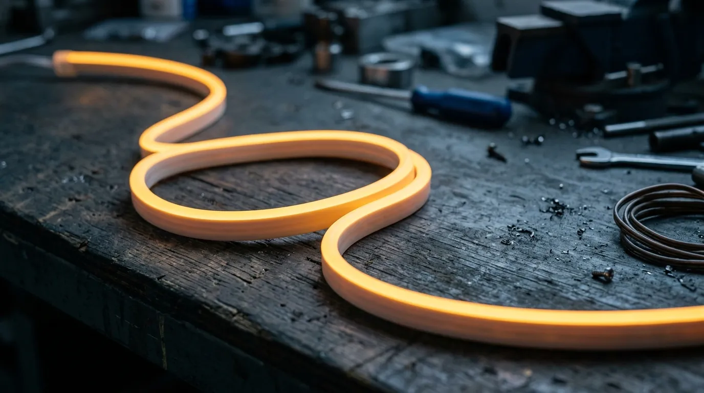 Flexible silicone neon flex bent into a smooth S-curve, glowing as one continuous warm line with no visible LED dots