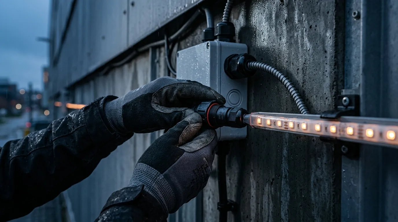 Sealed waterproof connector and junction box on an outdoor LED strip installation — where IP-rated lighting failures actually start