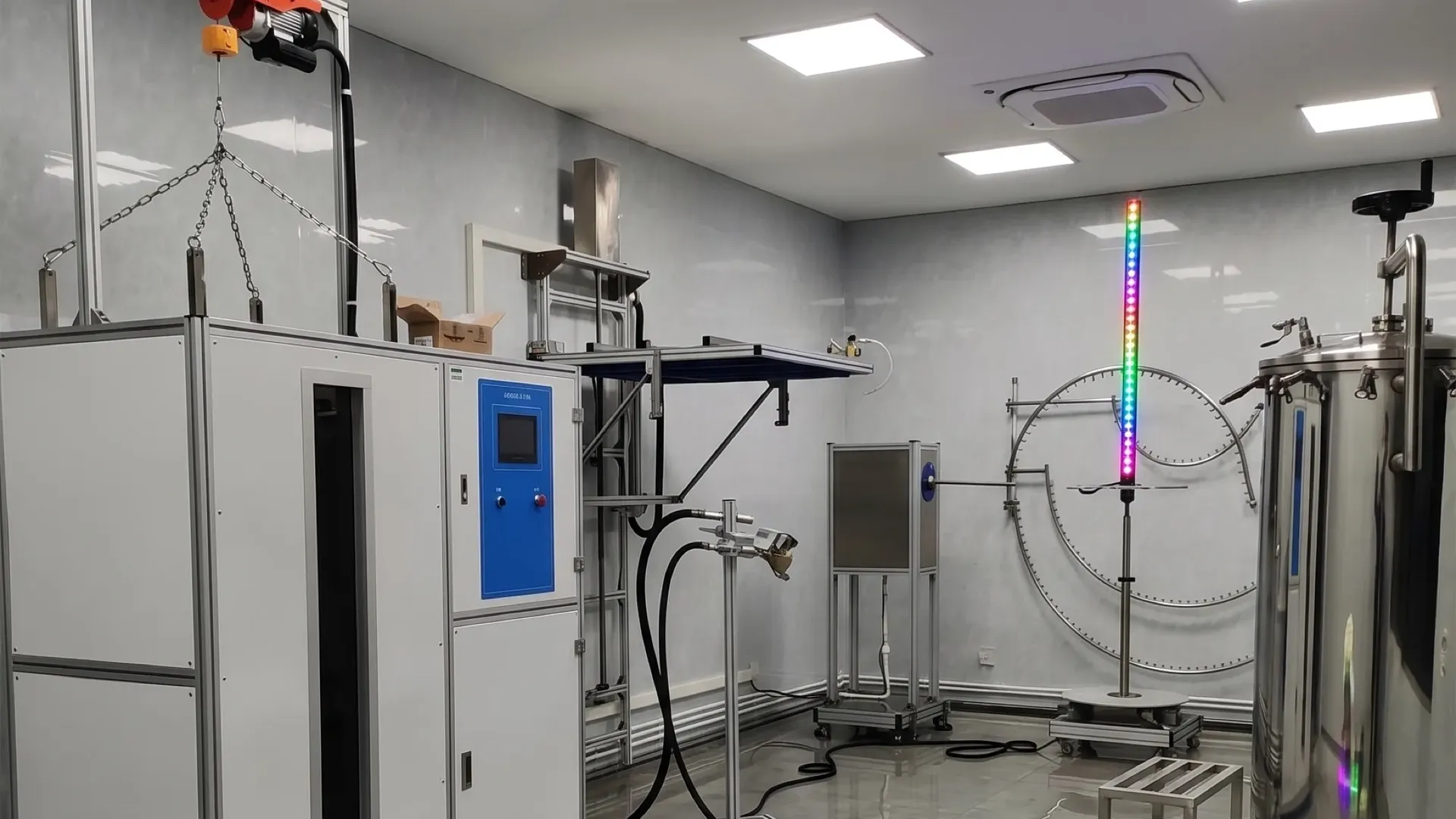 A pixel LED tube lit on a test rig inside the manufacturer's test room, the per-batch fixture that produces the records buyers should ask for