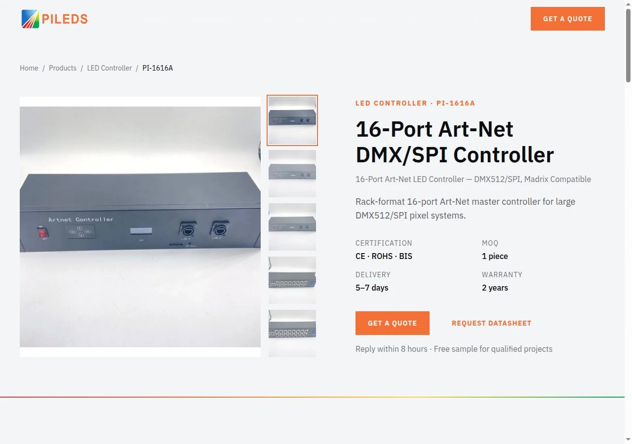 Product page for the PILEDS PI-1616A 16-port Art-Net DMX/SPI controller showing the product, title and commercial terms