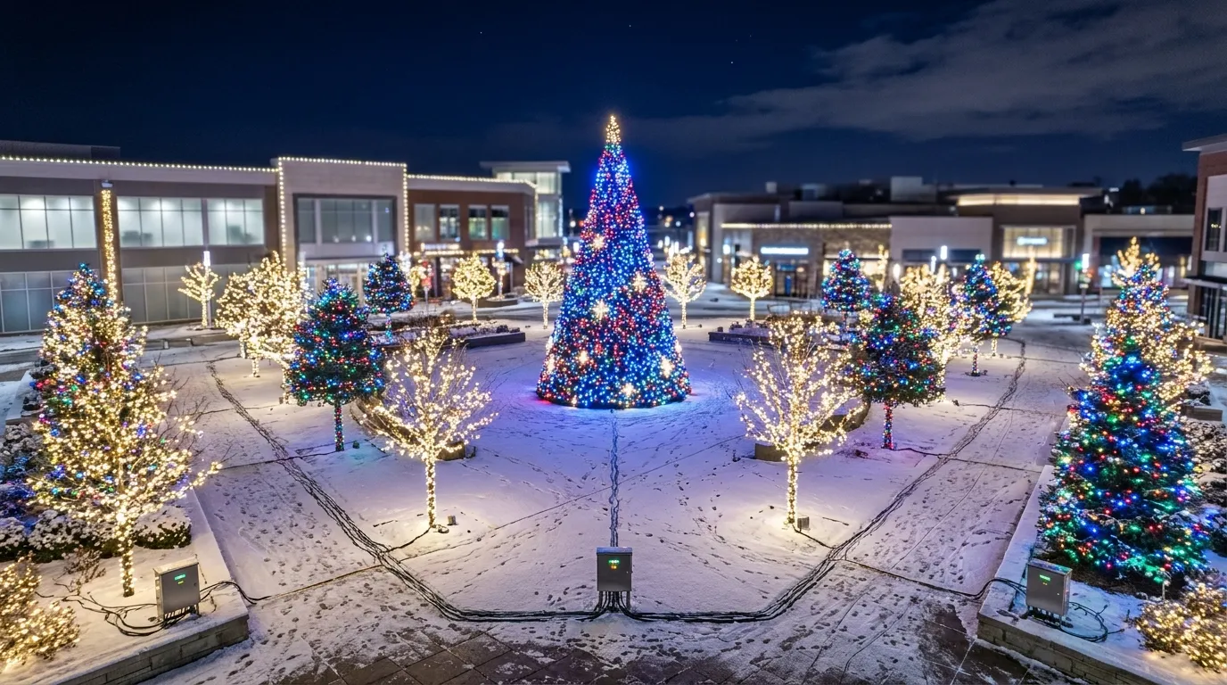 Rendered night aerial of a winter plaza with one large lit tree and a cluster of smaller lit trees, with visible cable runs and distributed outdoor power enclosures