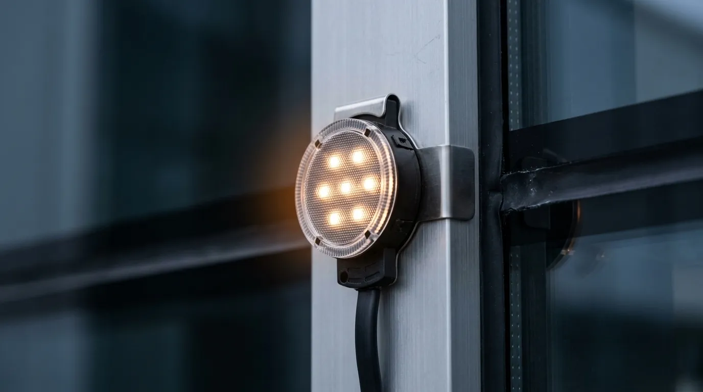 Close-up of a point light node held by a steel clip bracket on an aluminium curtain wall mullion