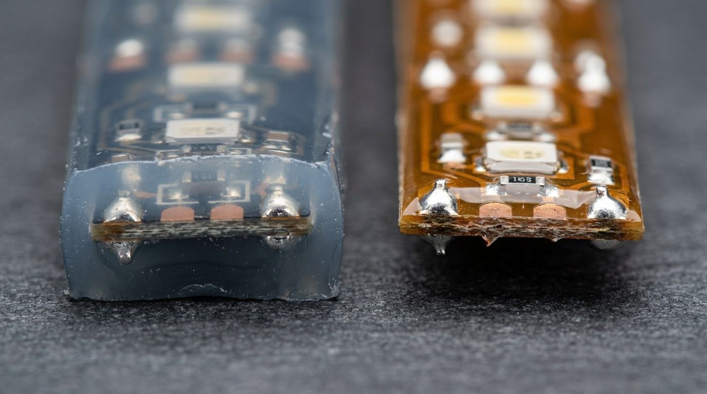 Two cross-sections of flexible LED strip side by side: one fully encapsulated in potting compound, one with only a thin surface coating
