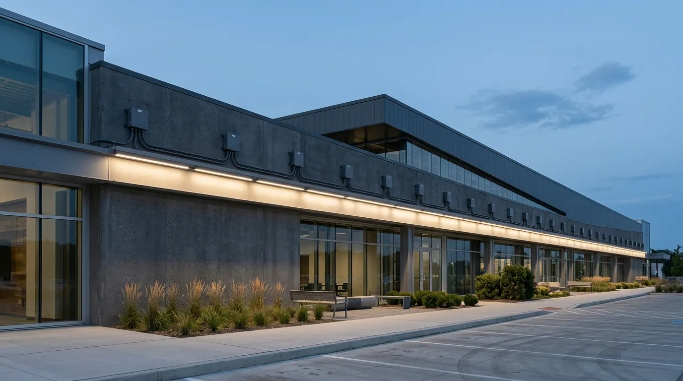 A long facade run with weatherproof power injection boxes spaced evenly along the mounting line