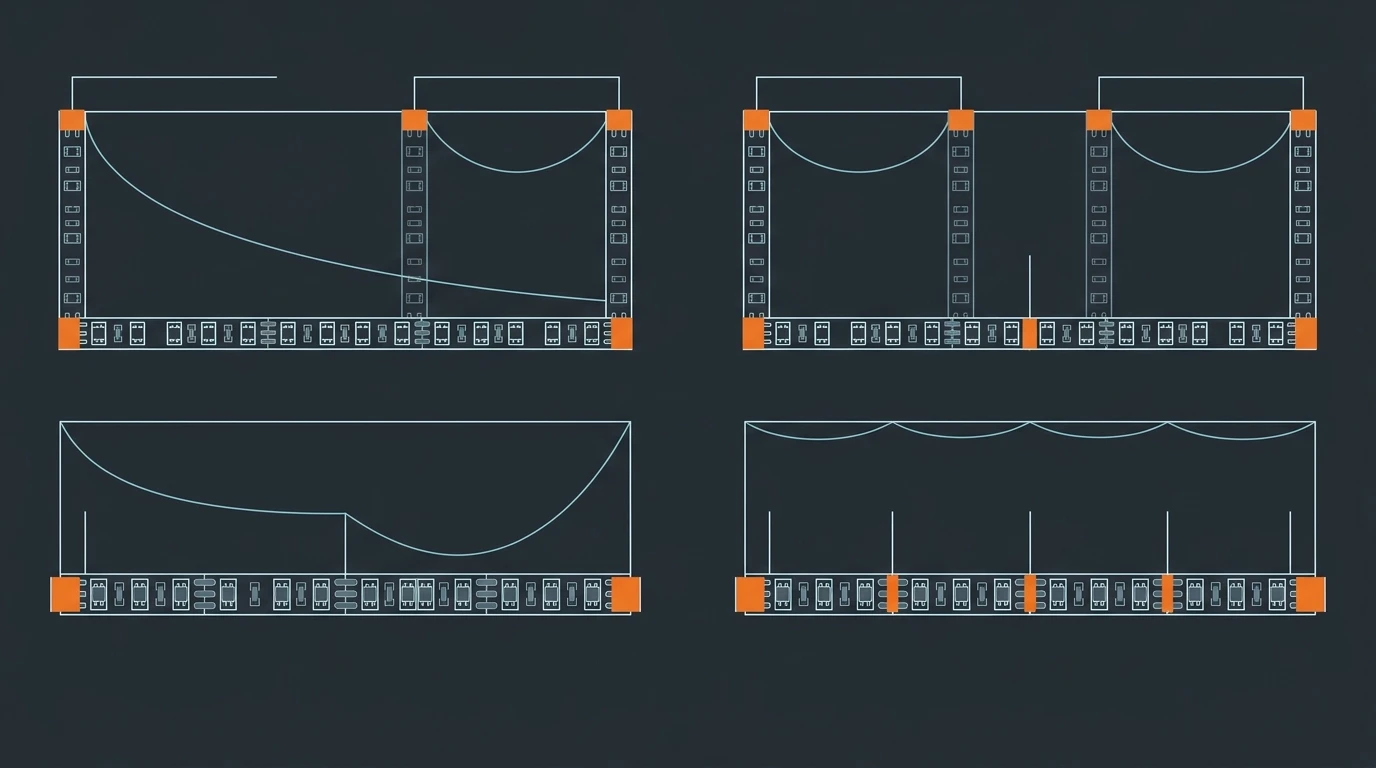Four-panel line-art schematic showing a long pixel strip fed at one end, at both ends, at both ends plus the center, and at several evenly spaced taps, with the voltage sag shown above each