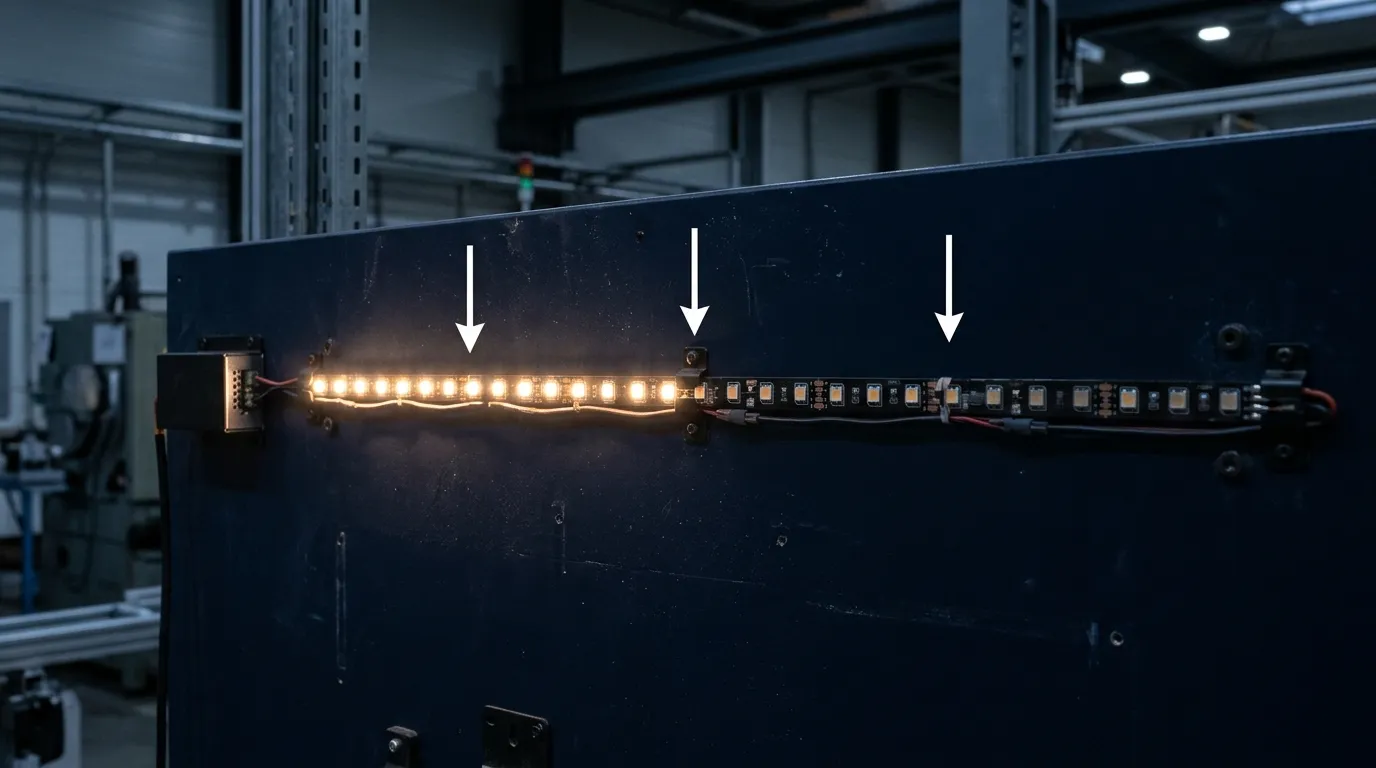 Bench run of an LED strip on a dark panel with three power injection points marked by arrows, brightness fading toward the far end
