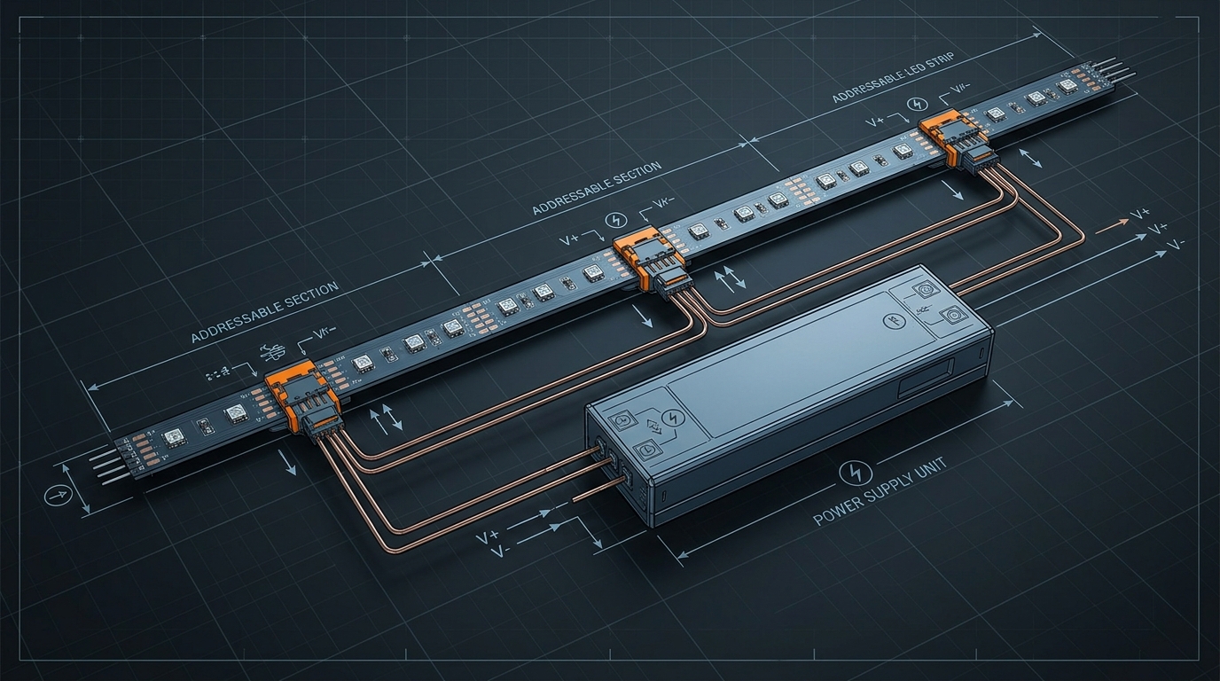 Long pixel LED strip run with three power injection points fed by a shared supply, technical schematic