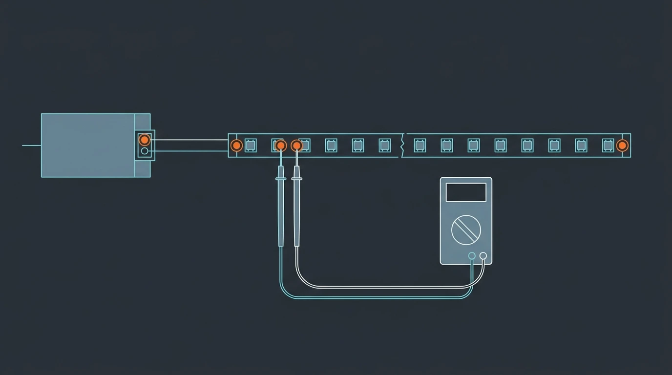 Line-art schematic of a long pixel strip run on a workbench with the supply, first pixel and far end marked as probe targets and a multimeter connected