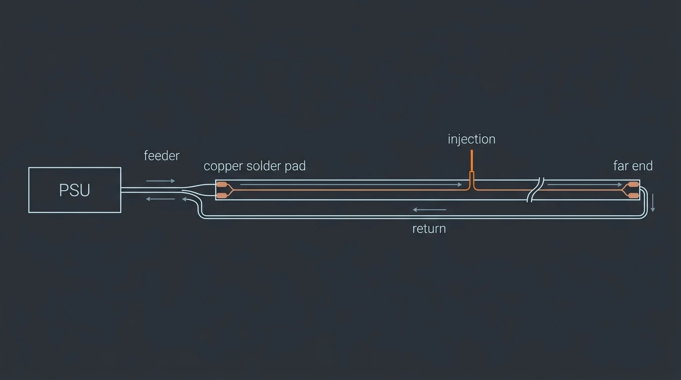 Diagram: line-art schematic of a pixel LED strip run showing the power supply, feeder cable, an injection tap, the far end of the run and the return conductor with the current path traced