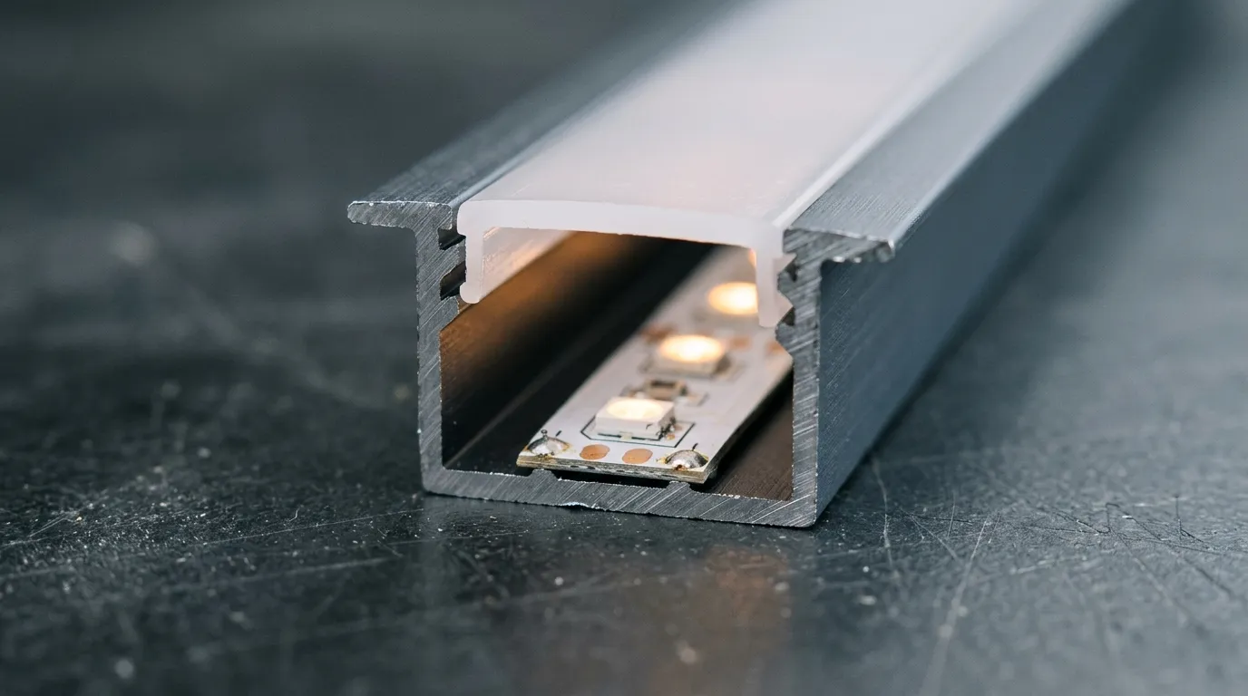 Macro cross-section of an aluminum LED profile showing the strip seated below a milky diffuser cover