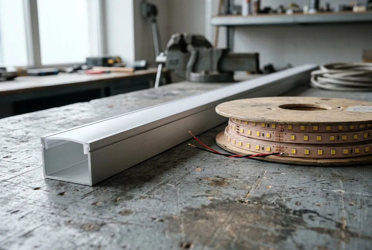 An anodized aluminum LED profile with a frosted diffuser beside a wooden reel of unprotected decorative LED tape with bare wire ends