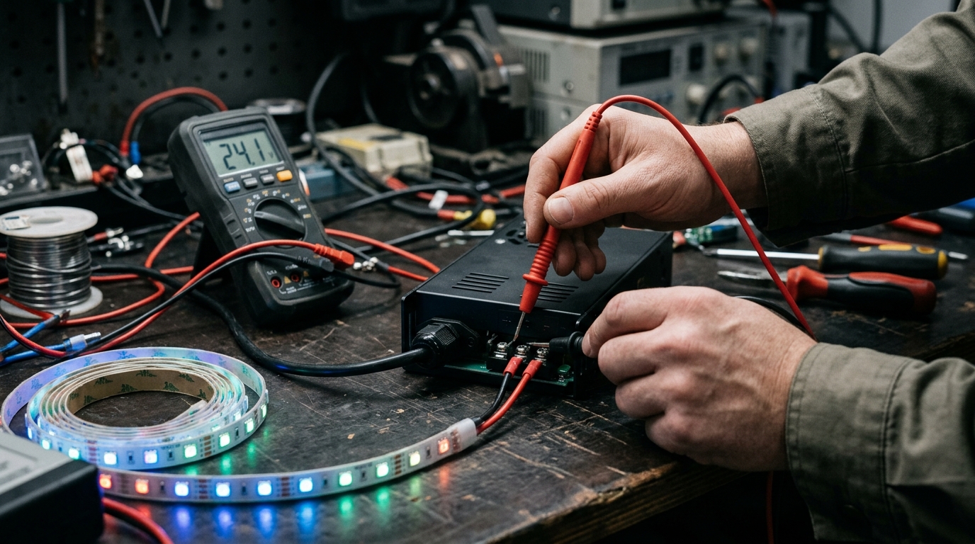 Technician holding a digital multimeter measuring the DC input of a pixel LED strip power supply
