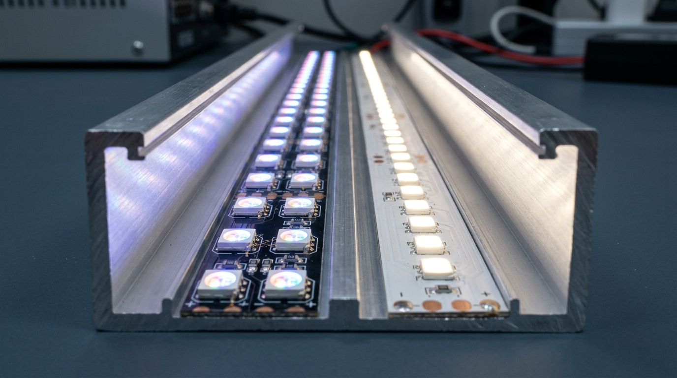 RGBW LED strip with dedicated white diode beside an RGB strip whose mixed white looks blue-tinted, in an aluminum cove channel