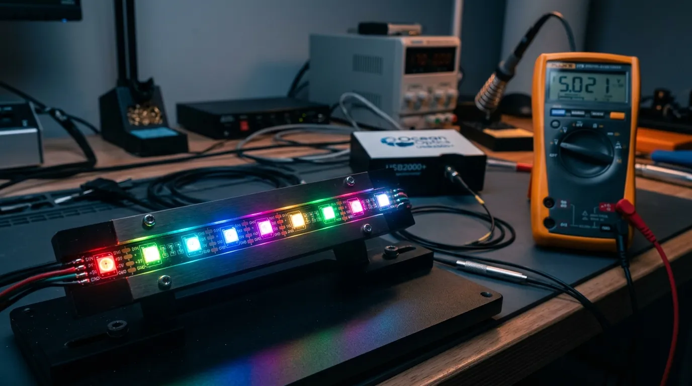 Addressable pixel LED strip sample glowing in RGB during bench testing with a multimeter, verifying IC response before a bulk order