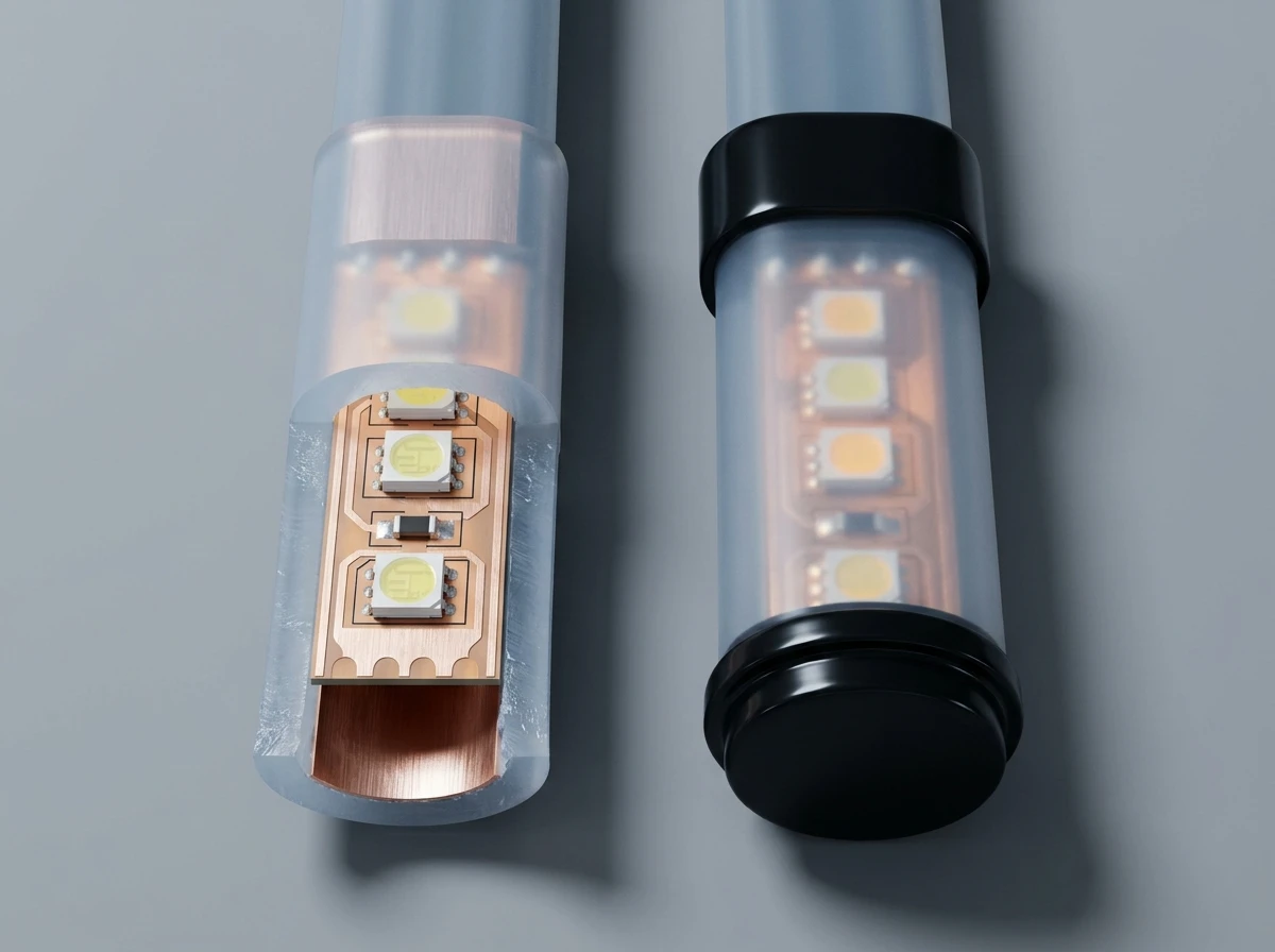 Cross-section illustration of two LED strips: one inside an open silicone tube with exposed copper board and LEDs, the other with its tube ends sealed by black potting compound