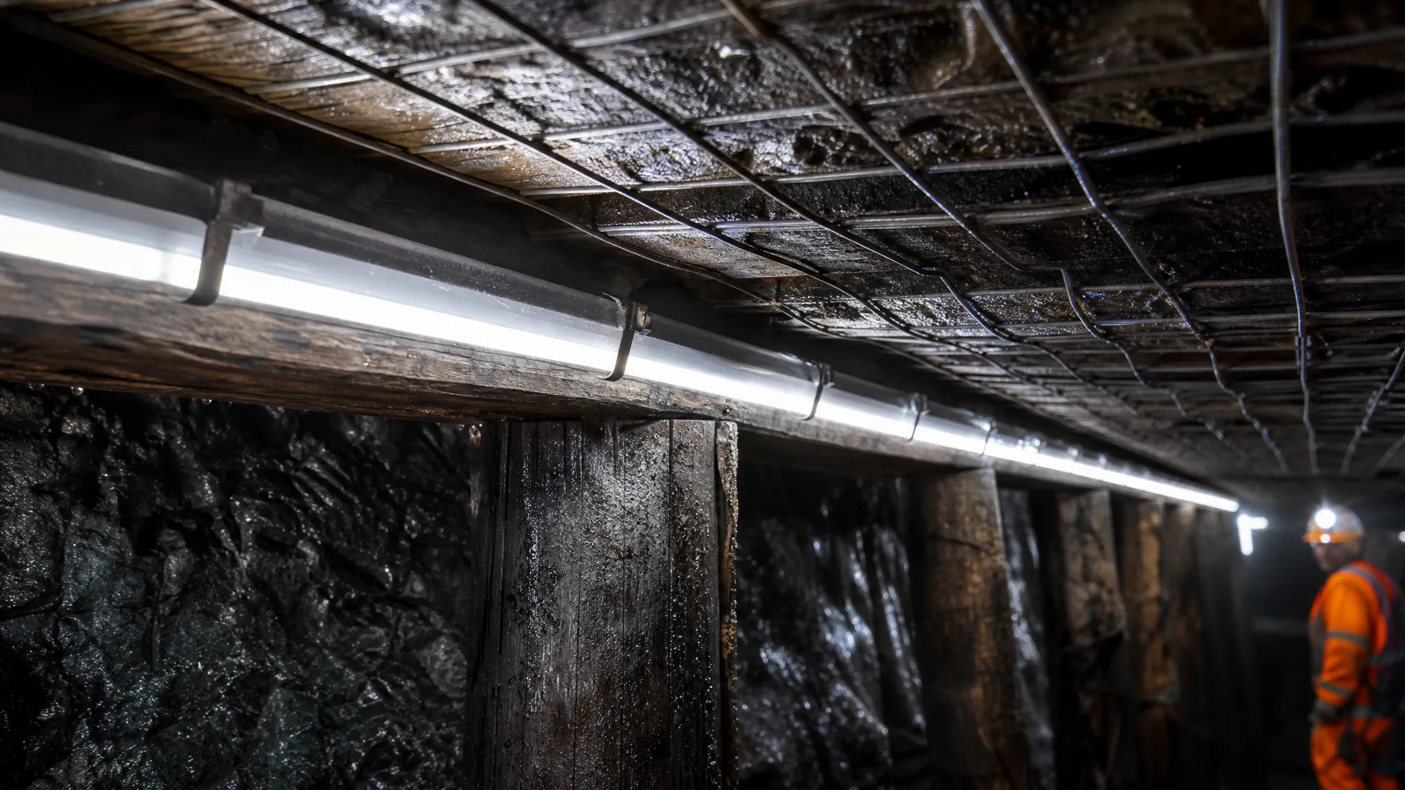 Rendered illustration (not project photography): a sealed, high-tensile mine strip running along a timber support beneath wire mesh in a wet tunnel