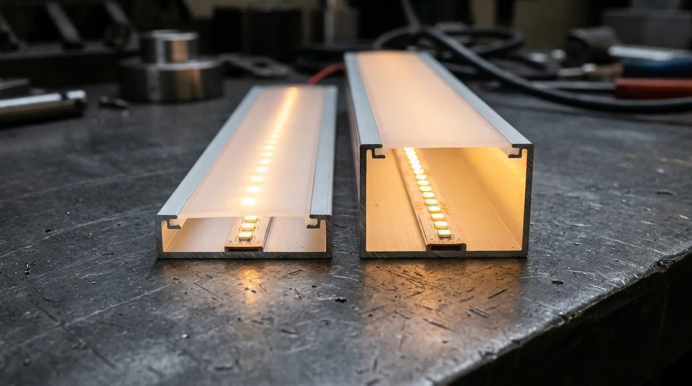 Two aluminum profiles side by side: a shallow channel showing LED dots and a deeper one showing an even line