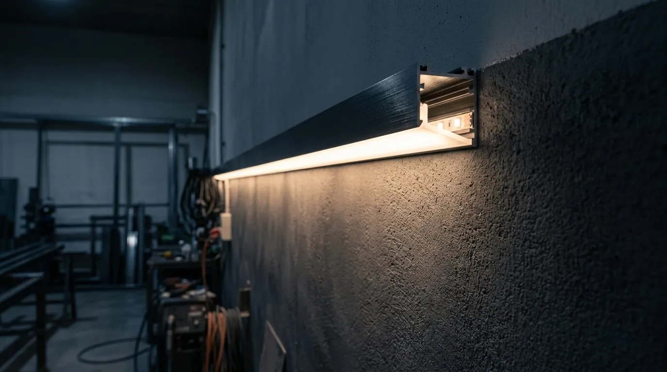 Side-emitting LED strip mounted in a corner aluminum profile washing light along an interior wall