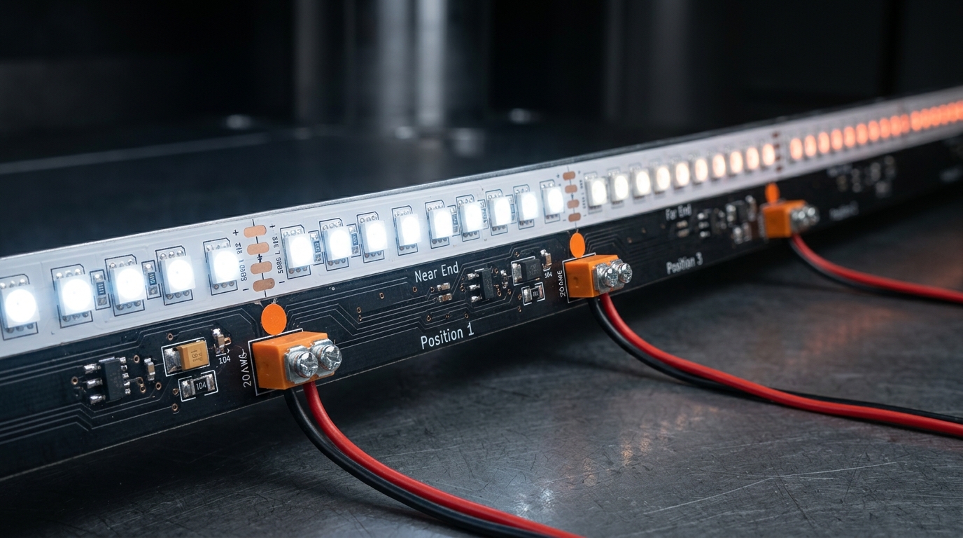Long addressable LED strip run with power injection points showing far-end voltage drop dimming and color shift