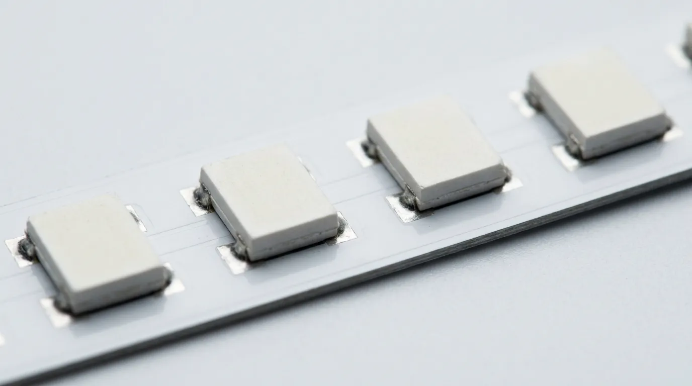 Macro of an SMD strip: separate white LED packages soldered at regular spacing with bare board between them