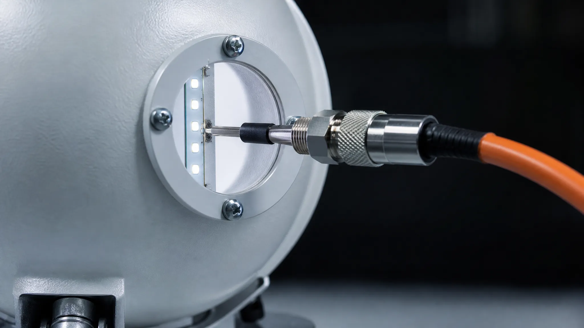 A spectroradiometer fibre-optic probe coupled to the measurement port of an integrating sphere, with a strip sample glowing inside the sphere behind the port