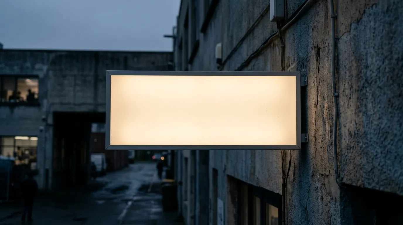 Rectangular sign fascia lit uniformly in warm white, blank face, mounted on a rendered wall at dusk