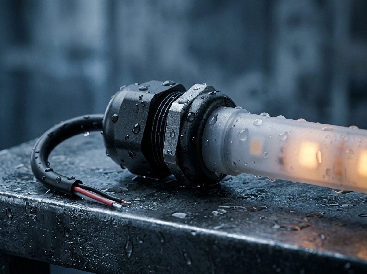Macro render of a sealed black cable gland gripping the translucent silicone tube of an LED strip, water beaded on the gland and the bare conductors leaving the pigtail