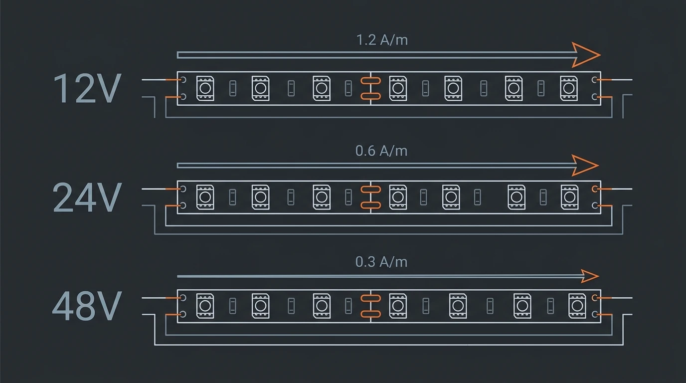 Line-art diagram comparing 12V, 24V, and 48V LED strip current draw, current per meter halving as voltage doubles