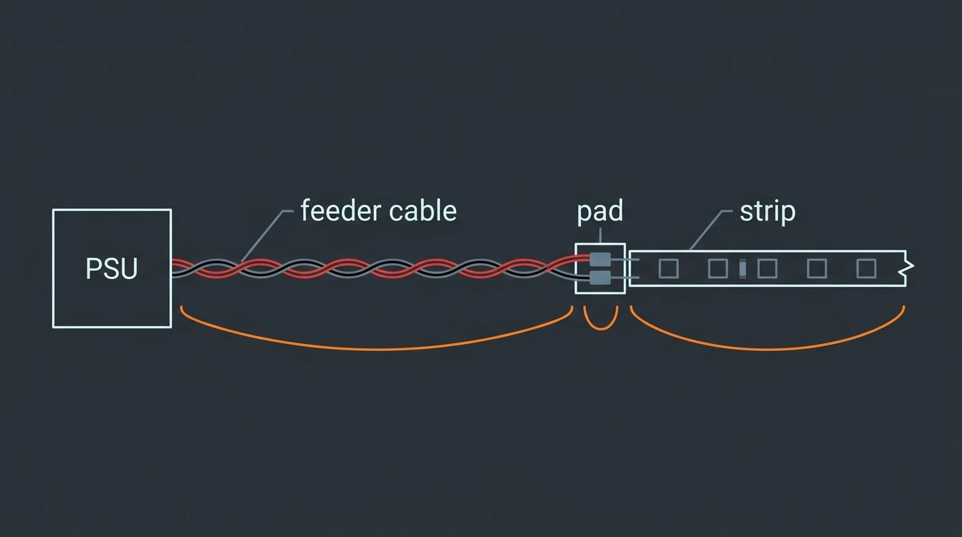 Line-art diagram showing a power supply, a two-conductor feeder cable, a solder pad and a strip bus with three separate voltage losses