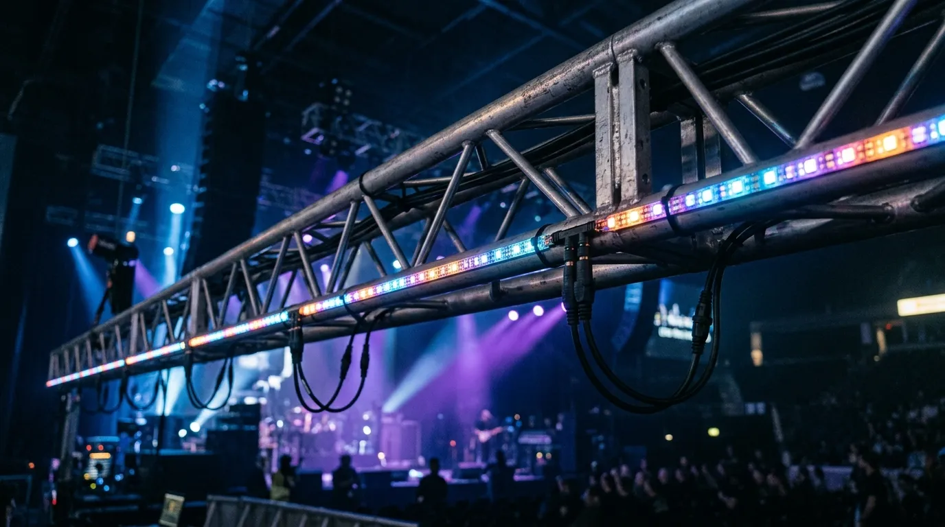 Long run of pixel LED strip mounted on stage truss with power injection cabling feeding a touring lighting rig