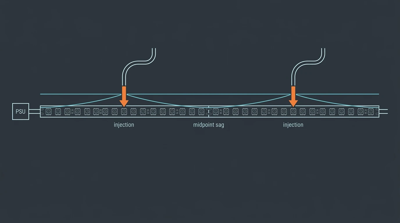 Line-art diagram of a pixel LED strip with a power supply, two power injection points and a voltage line sagging between them