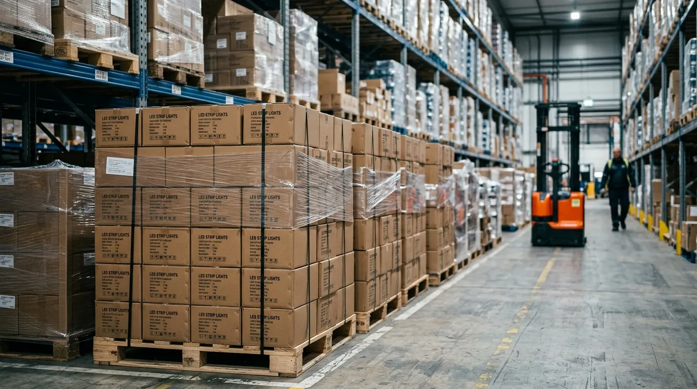 Pallets of boxed LED strip reels in a distribution warehouse, representing the order volumes that unlock wholesale tier pricing