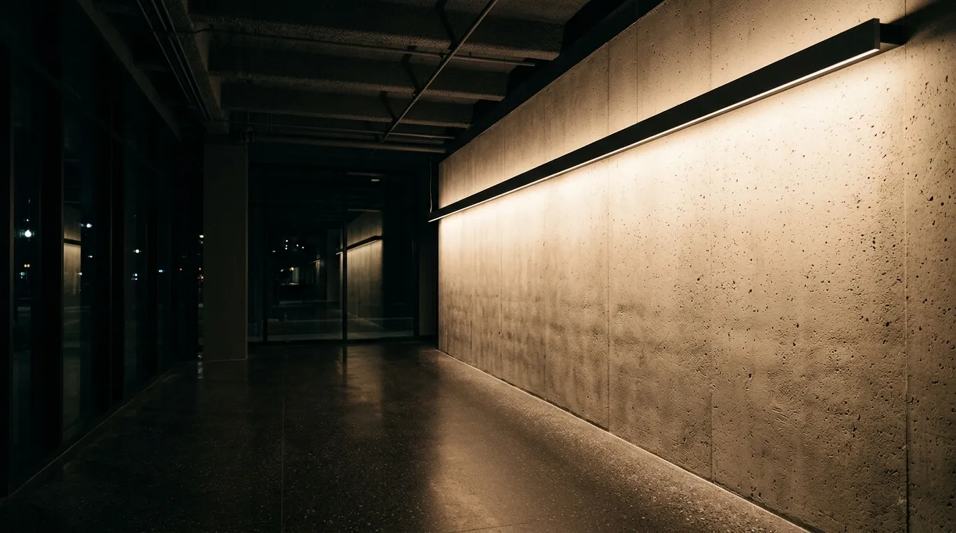 Linear LED wall washer washing a textured concrete wall evenly from top to bottom