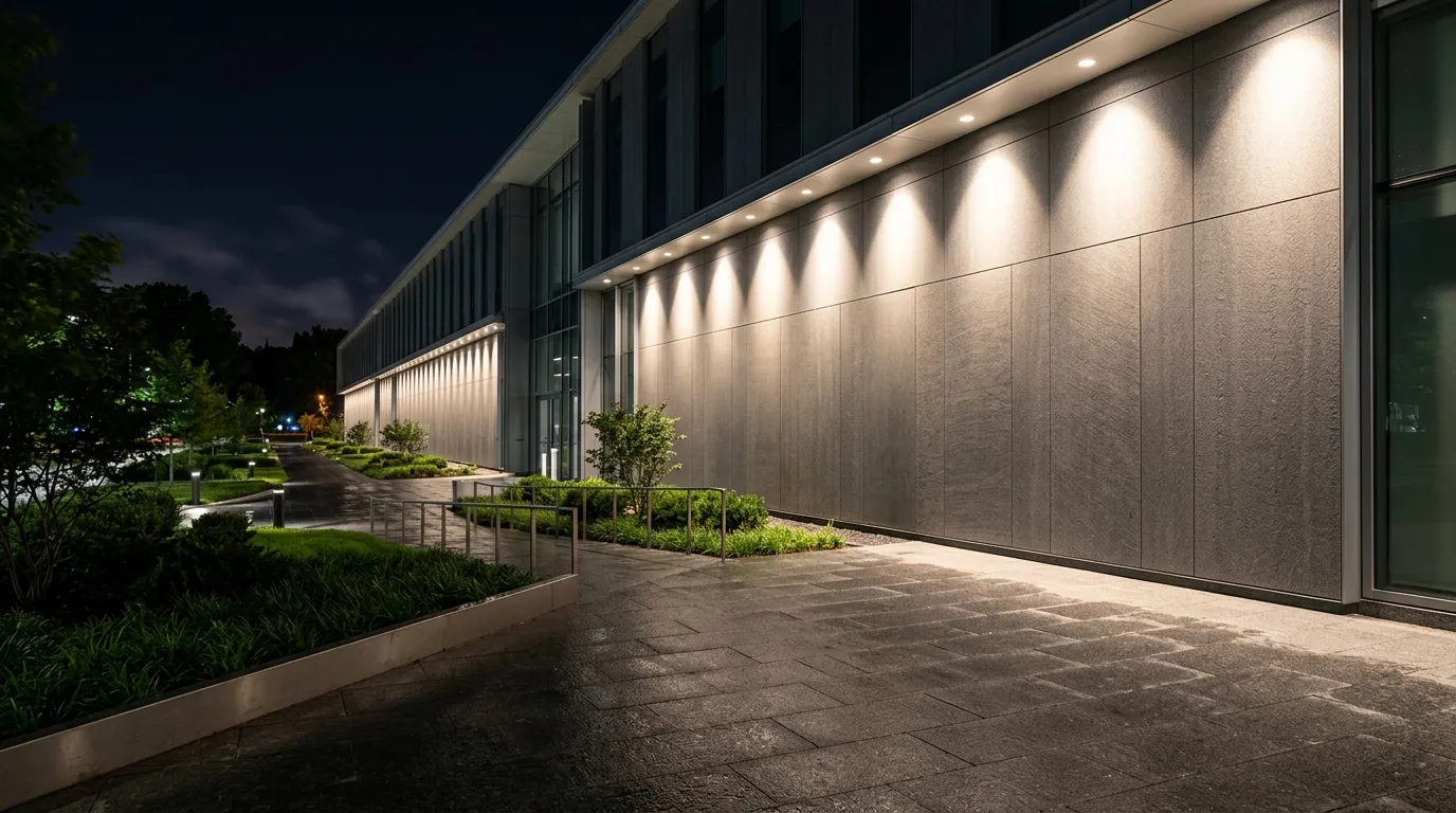 Row of wall washers along a stone facade, each beam meeting the wall as a visible arc