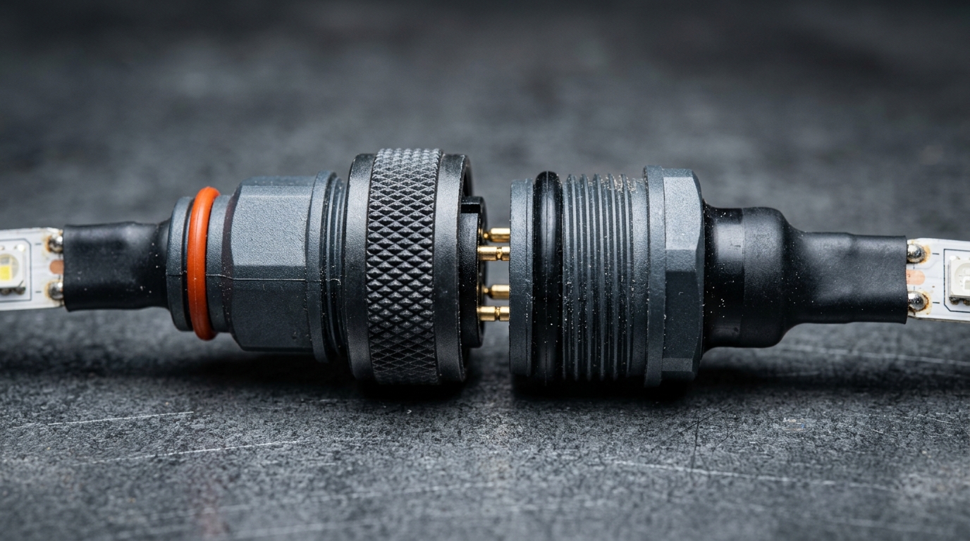 A pair of industrial waterproof LED strip connectors mated on a dark surface, showing a threaded locking ring and a rubber O-ring at the joint face