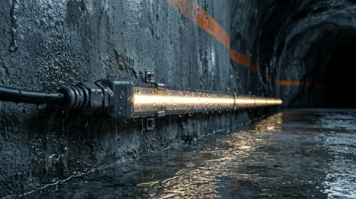 Water beading on the IP68 silicone housing of an LED strip in a wet underground tunnel